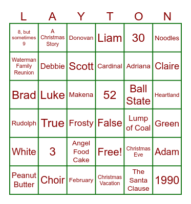 Layton Family Bingo 2023 Bingo Card