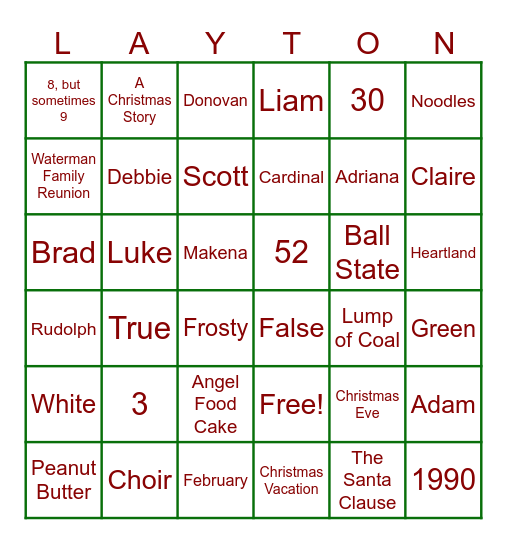 Layton Family Bingo 2023 Bingo Card