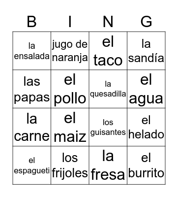 Vamos a comer Bingo Card