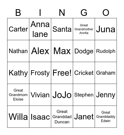 Family Bingo 2 Bingo Card