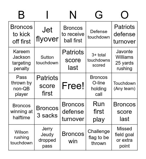 Broncos vs Patriots Bingo Card