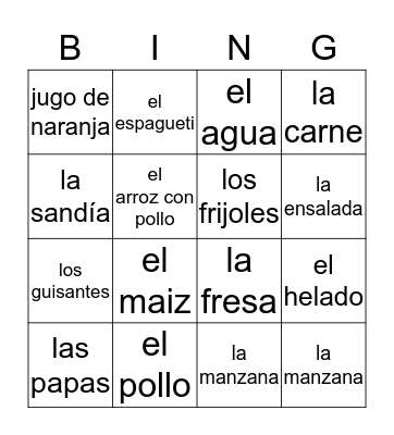 Vamos a comer Bingo Card