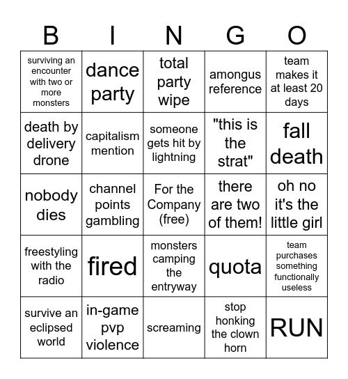 Lethal Company Bingo Card