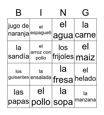 Vamos a comer Bingo Card