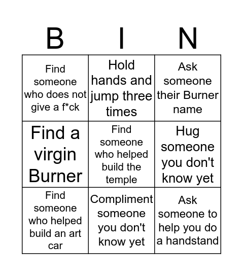 Burner Bingo Card