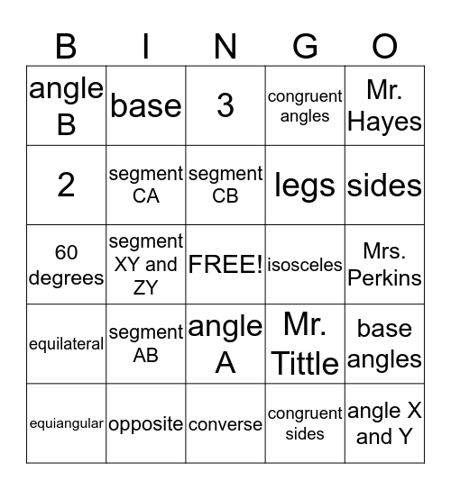 Isosceles and Equilateral Triangles Bingo Card
