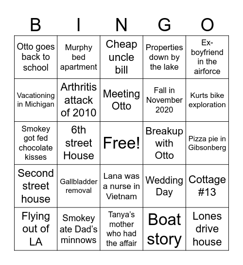 Sandy’s Stories Bingo Card