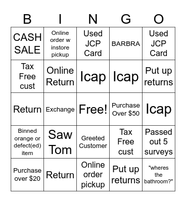 Cashier Bingo Card