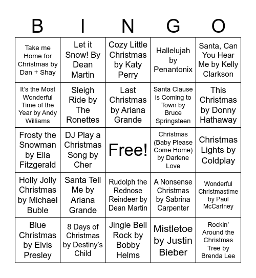 Christmas Hits Bingo Card
