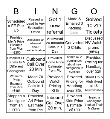 Inside Sales Bingo Card