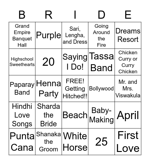 Sharda's Getting Married! Bingo Card
