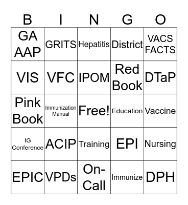 Immunization Bingo Card