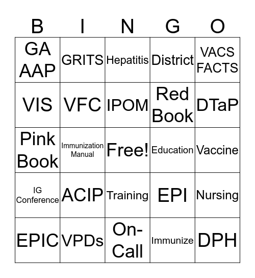 Immunization Bingo Card