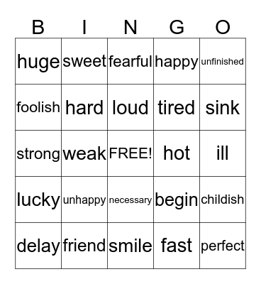 Synonyms and Antonyms Bingo Card