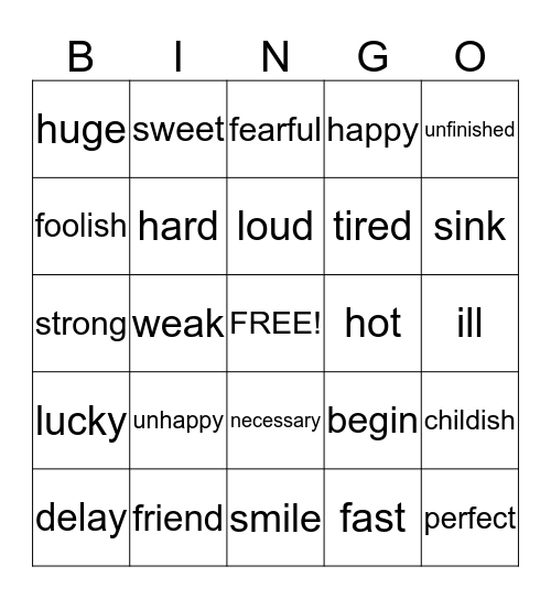 Synonyms and Antonyms Bingo Card