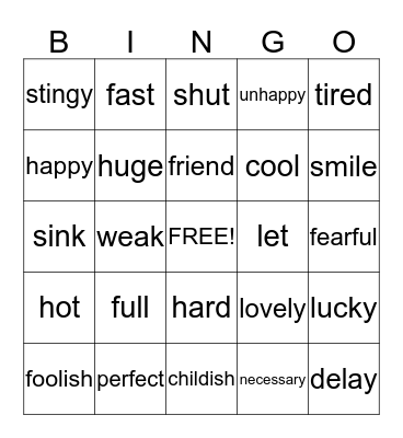 Synonyms and Antonyms Bingo Card
