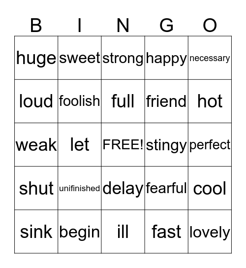 Synonyms and Antonyms Bingo Card