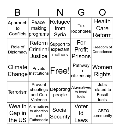 Democrat Debate Bingo Card