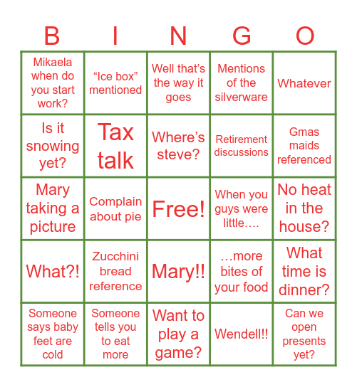 Grandma’s House Bingo Card