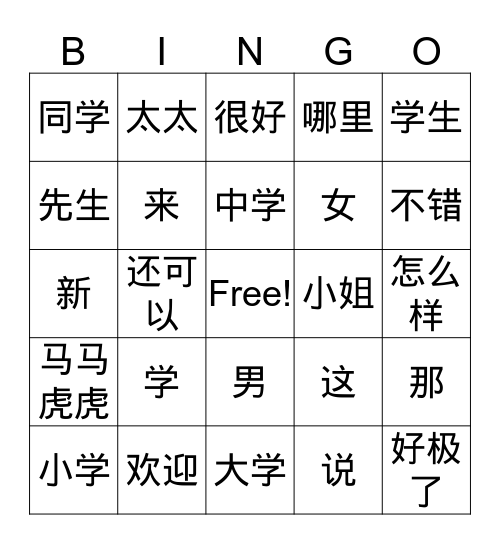 Chinese student Bingo Card