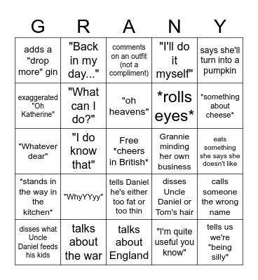 Grannie Xmas Bingo Card