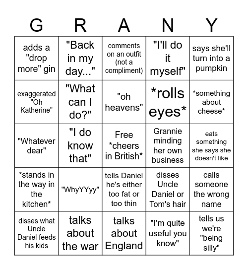 Grannie Xmas Bingo Card