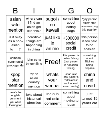 Asian instagram reel comments Bingo Card