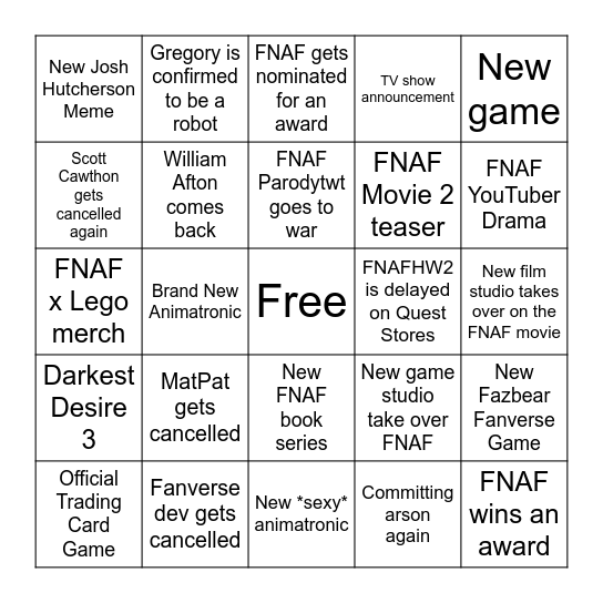 Five Nights at Freddy’s Bingo Card