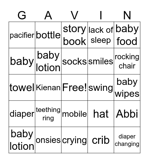 GAVIN Baby Shower Bingo Card