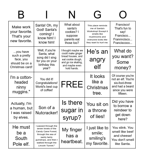 ELF MOVIE Bingo Card