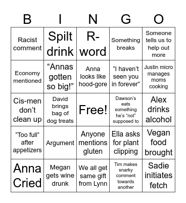 Family Dinner Bingo Card
