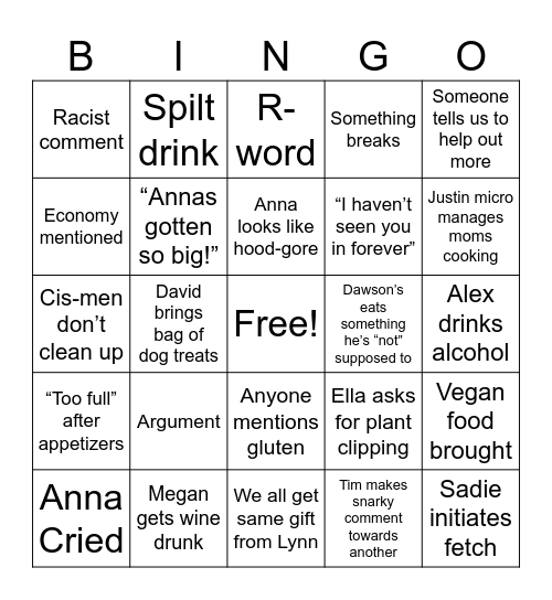 Family Dinner Bingo Card