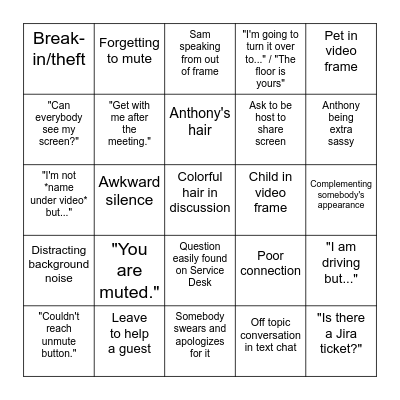 Kure Zoom Bingo Card