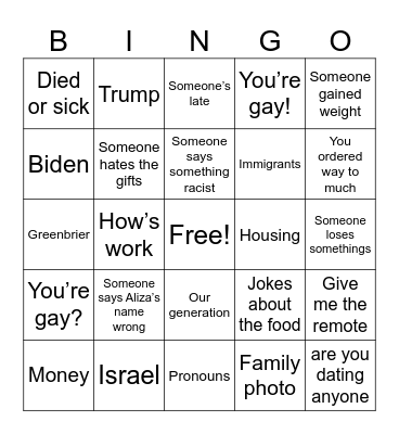 family bingo Card