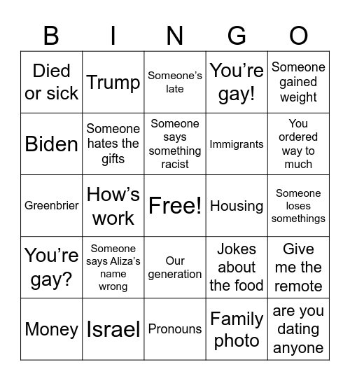 family bingo Card