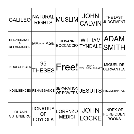 Renaissance, Reformation Sc. Rev. & Enlightment Bingo Card