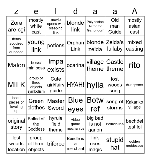 Zelda Movie Bingo Card