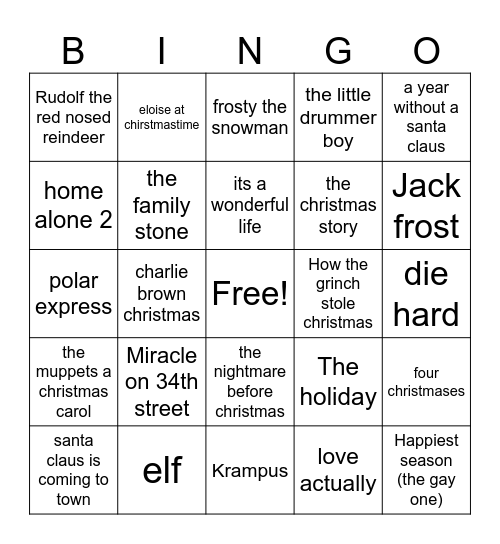 Christmas Movies Bingo Card