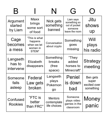 First week of build season Bingo Card