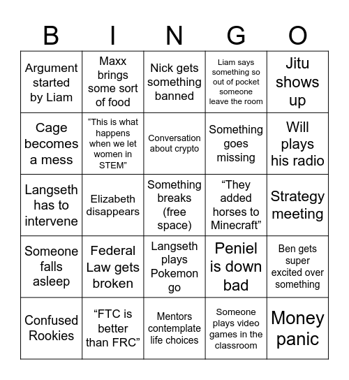 First week of build season Bingo Card
