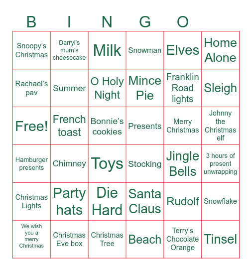 New Zealand Christmas Bingo Card