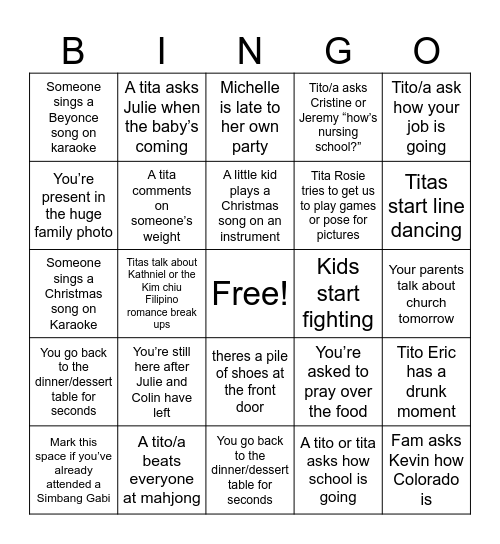 Filipino Christmas Bingo Card