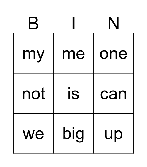 Bingo 3 letter Bingo Card