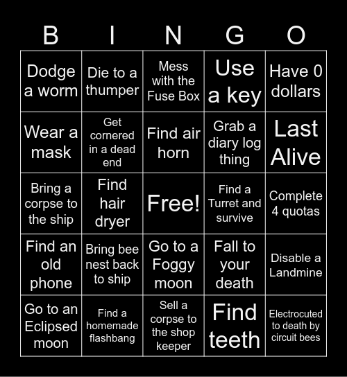 Lethal Company Bingo Card