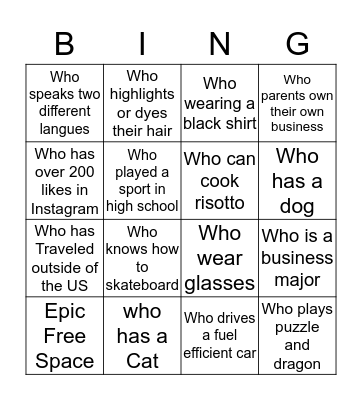 Epic Ice breaker Bingo Card