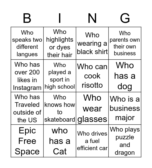 Epic Ice breaker Bingo Card