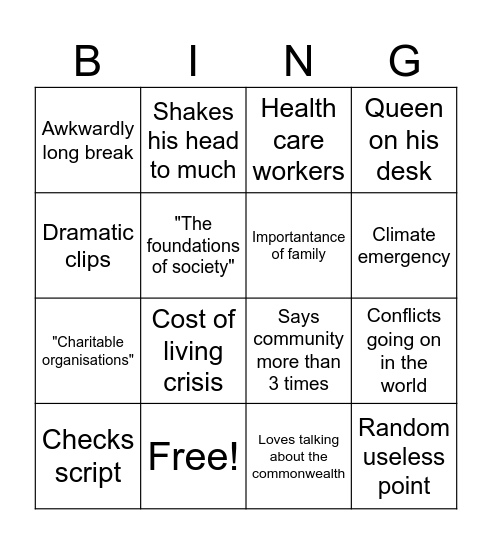 King's speech Bingo Card