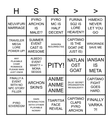 GENSHIN 2024 BINGO ROFL! Bingo Card