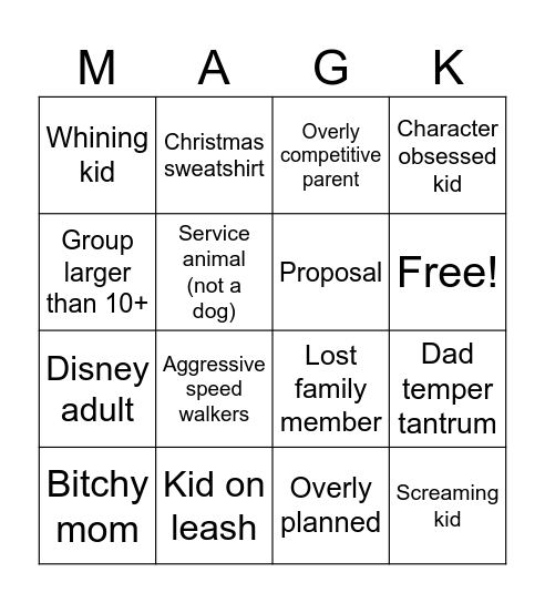 Magic kingdom bingo Card