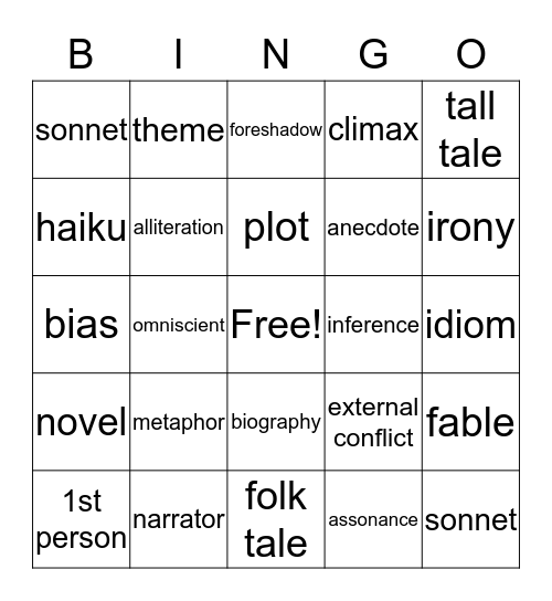 Literary Terms Bingo Card